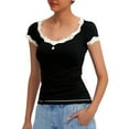 thumbnail image 1 of XIAONU Womens Lace Trim Tee Fitted Short Sleeve Sweetheart Neck Pullover Top Soft Sweet Casual Shirt, 1 of 6