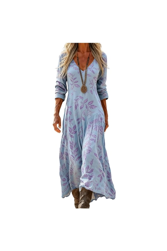 Womens Leaf Print Maxi Dress V Neck 3/4 Sleeve Loose Fit Flowy Casual Summer Long Dress