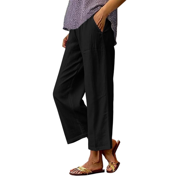 XIAONU Womens Lightweight Linen Blend Cropped Pants Relaxed Fit Cropped Length Elastic Waist Pant Breezy Vacation Pants