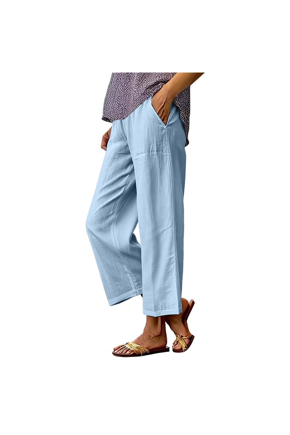 Womens Lightweight Linen Blend Cropped Pants Relaxed Fit Cropped Length Elastic Waist Pant Breezy Vacation Pants