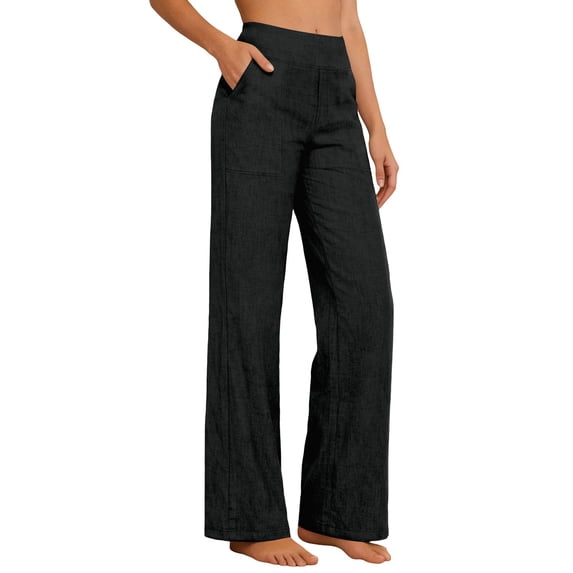 XIAONU Womens Linen Wide Leg Pants Oversized Full Length Elastic Waist Trousers Breathable Casual Vacation Bottoms