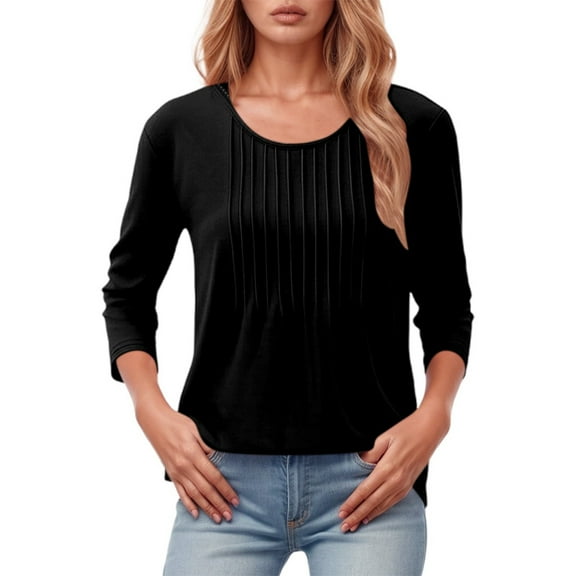 XIAONU Womens Long Sleeve Pleated Tunic Top Casual Loose Fit Blouse Round Neck Summer Fashion
