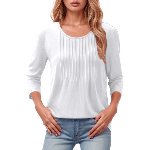 XIAONU Womens Long Sleeve Pleated Tunic Top Casual Loose Fit Blouse Round Neck Summer Fashion