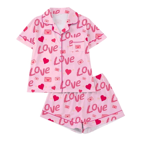 XIAONU Womens Love Print Pajama Set Piped Trim Short Sleeve Top And Shorts Sleepwear Soft Cozy Pajamas Set Red