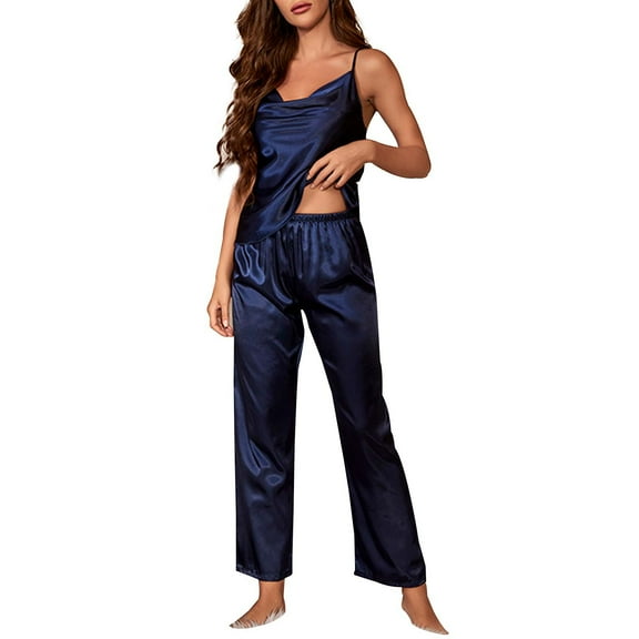 XIAONU Womens Satin Pajama Set Cowl Neck Camisole & Wide-Leg Pants Sleepwear Bedroom Elegance Sophisticated Home Wearing