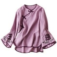 thumbnail image 1 of XIAONU Womens Mandarin Collar Blouse Chinese Knot Embroidered Loose-Fit Top Bell Sleeve Traditional Casual Shirt, 1 of 3