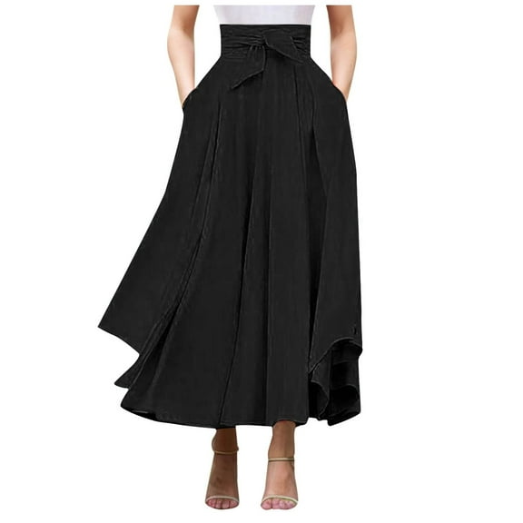 XIAONU Womens Maxi Skirt Asymmetric Tie-Waist Skirt Casual Boho Beach Vacations Skirt With Pockets