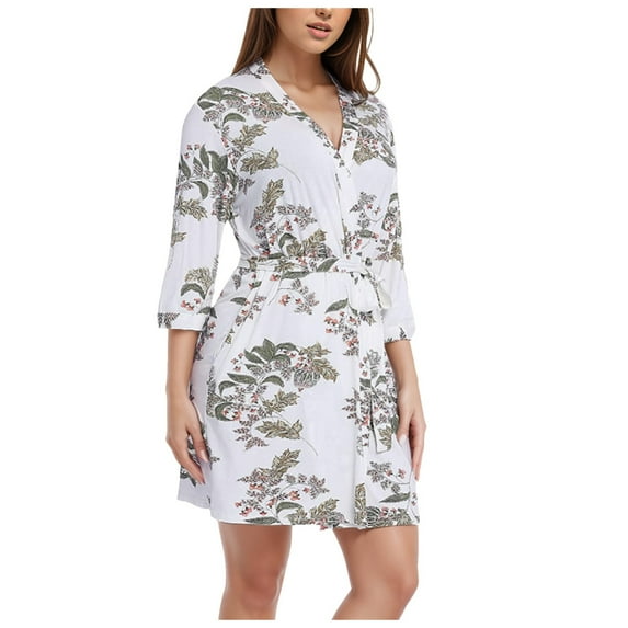 XIAONU Womens Modal Wrap Belted Robe Loose Fit Three Quarter Sleeve V Neck Loungewear Soft Comfy Sleep Robes
