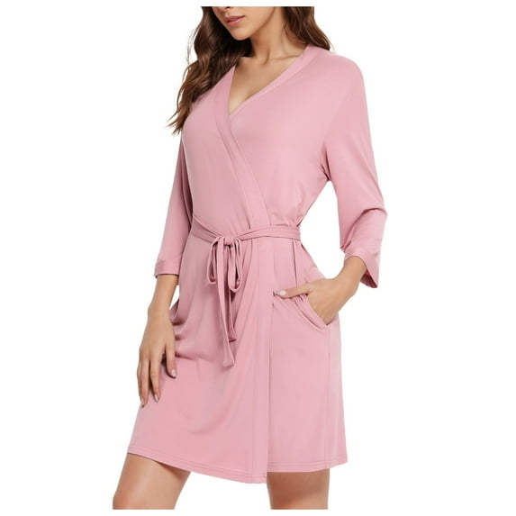 XIAONU Womens Modal Wrap Belted Robe Loose Fit Three Quarter Sleeve V Neck Loungewear Soft Comfy Sleep Robes