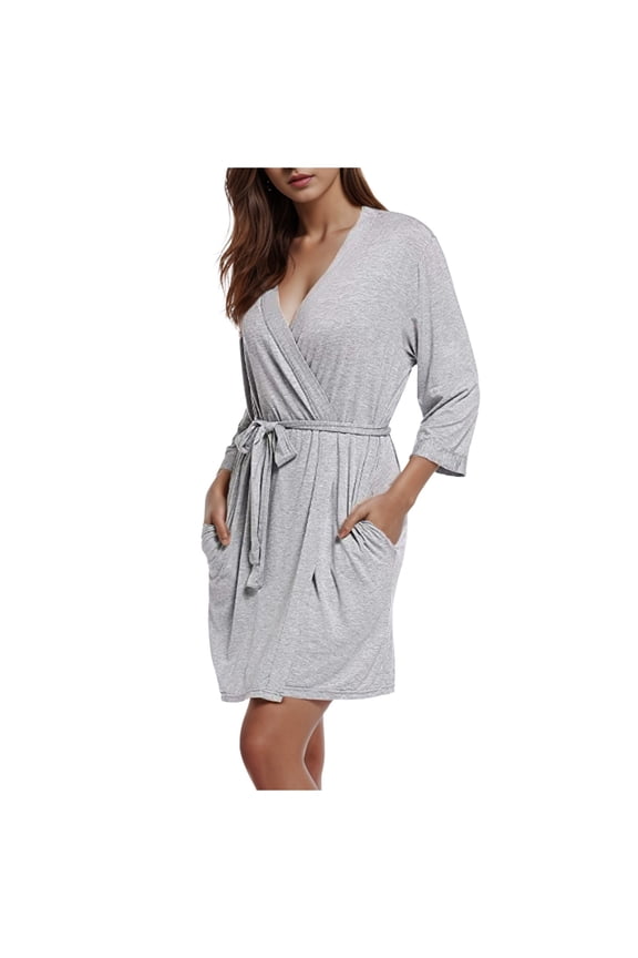 Womens Wrap Belted Robe Loose Fit Three Quarter Sleeve V Neck Loungewear Soft Comfy Sleep Robes