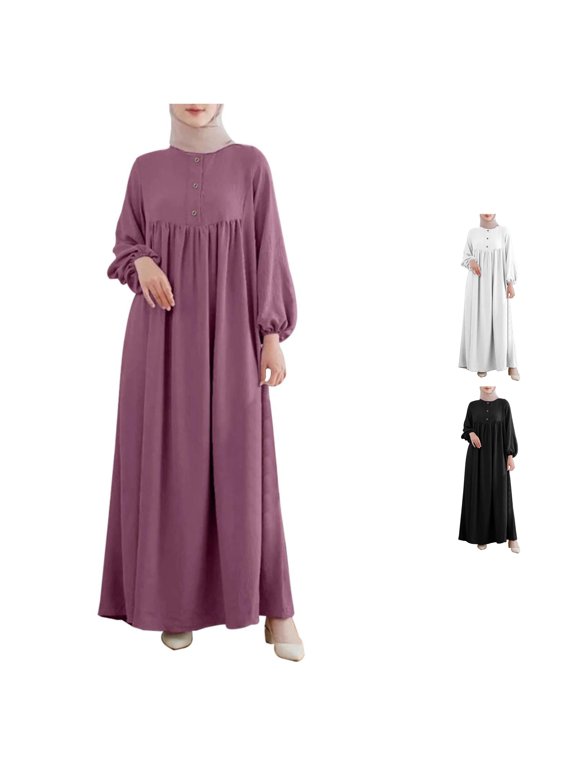 Womens Modest Abaya Maxi Dress Long Puff Sleeve Button Loose Daily Robe