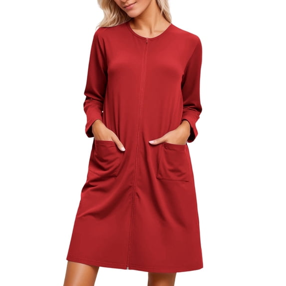 XIAONU Womens Nightshirt Long Sleeve Zip-Front Nightgown With Pockets Soft Practical Casual Sleepwear