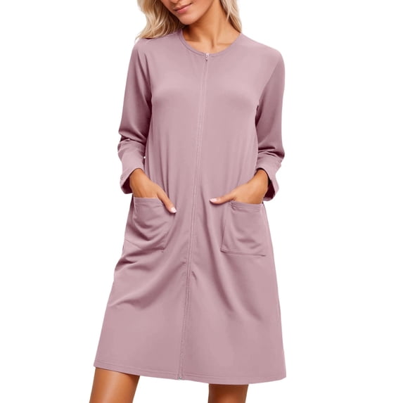 XIAONU Womens Nightshirt Long Sleeve Zip-Front Nightgown With Pockets Soft Practical Casual Sleepwear