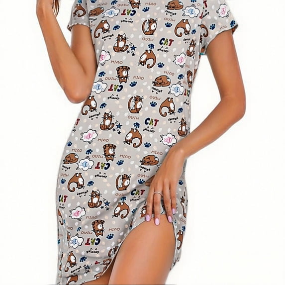 XIAONU Womens Nightshirts Summer Thin Trendy Short Sleeve Floral Nightgown Baggy Oversized Pleasure Round Neck Sleepwear Homewear