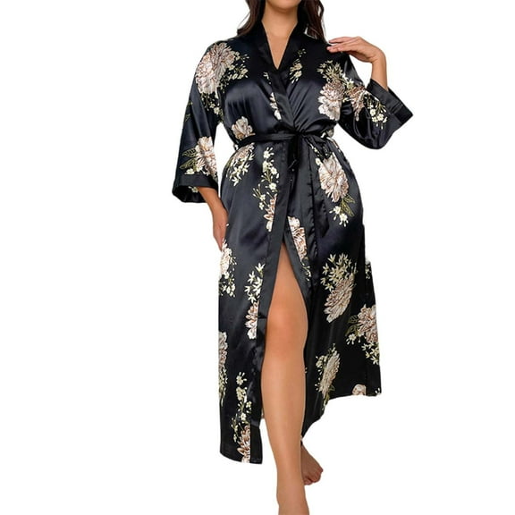 XIAONU Womens Nightshirts Trendy Satin Panthera Floral Print Wrap Waist Slim Fit Robe Oversized Elegant Long Sleeve Midi Pleasure Baggy Nightgown