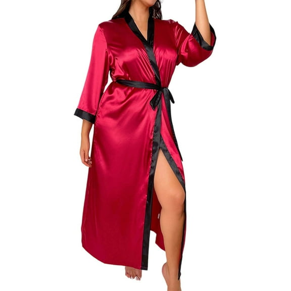XIAONU Womens Nightshirts Trendy Satin Tie Dye Waist-Tie Slim Fit Robe Nightgown Oversized Solid-Color Elegant Long Sleeve Mid Length Pleasure Sleepdress