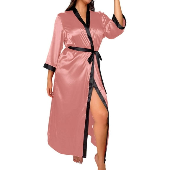 XIAONU Womens Nightshirts Trendy Satin Tie Dye Waist-Tie Slim Fit Robe Nightgown Oversized Solid-Color Elegant Long Sleeve Mid Length Pleasure Sleepdress