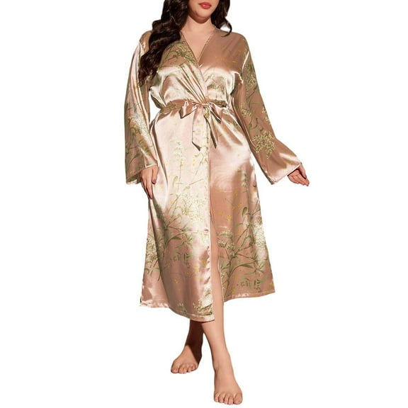 XIAONU Womens Nightshirts Trendy Satin Tie Dye Waist-Tie Slim Fit Robe Nightgown Oversized Solid-Color Long Sleeve Mid Length Pleasure Sleepdress