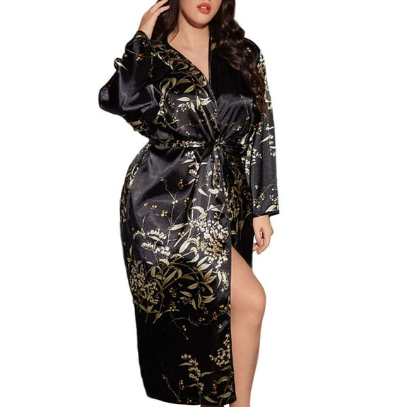 XIAONU Womens Nightshirts Trendy Satin Tie Dye Waist-Tie Slim Fit Robe Nightgown Oversized Solid-Color Long Sleeve Mid Length Pleasure Sleepdress