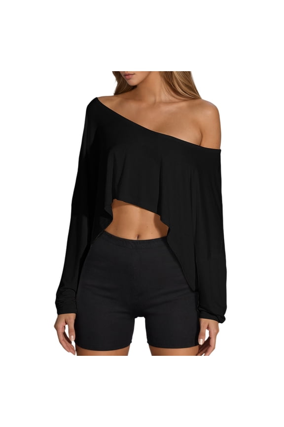 Womens One Shoulder Asymmetrical Hem Crop Top Long Sleeve Pullover Blouse Lightweight Party Night Out Tops