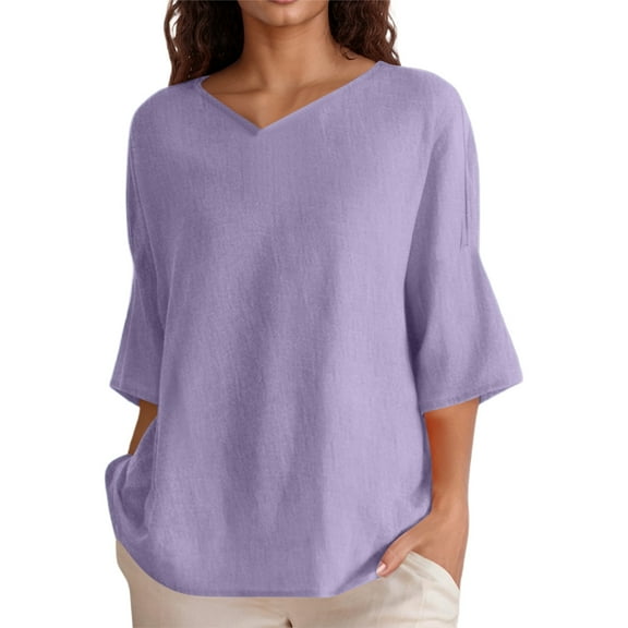 XIAONU Womens Oversized Blouse Cotton Linen V-Neck 3/4 Sleeve Tunic Top Casual Daily Wear Shirt With Side Pockets