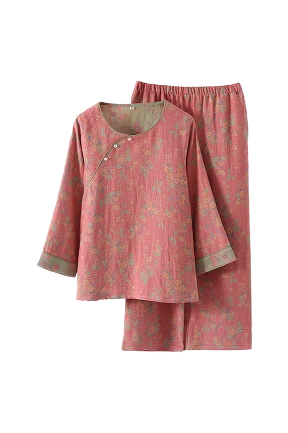 Womens Pajama Set Floral Print Cotton Linen Long Sleeve Loose Fit Sleepwear Loungewear