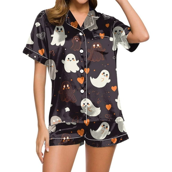 XIAONU Womens Pajama Set Halloween Printed Sleepwear Short Set Relaxation Comfortable Sleepwear Holiday Celebrations