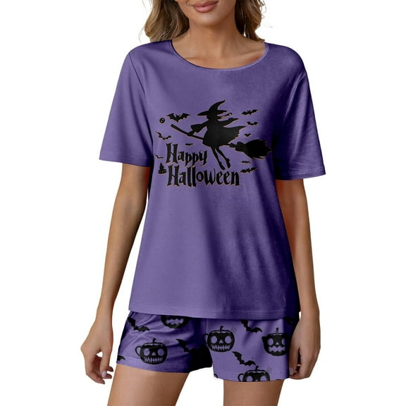 XIAONU Womens Pajama Set Halloween Printed Sleepwear Short Set Relaxation Comfortable Sleepwear Holiday Celebrations