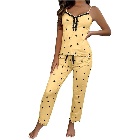 XIAONU Womens Pajama Set Lace-Trim Heart Print Cami Top And Pants Sweet Cozy Loungewear