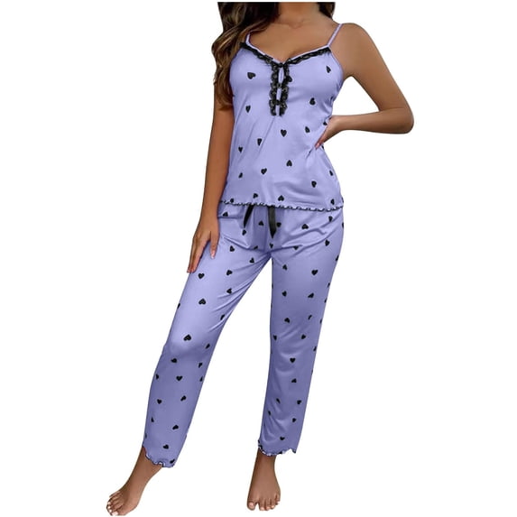 XIAONU Womens Pajama Set Lace-Trim Heart Print Cami Top And Pants Sweet Cozy Loungewear