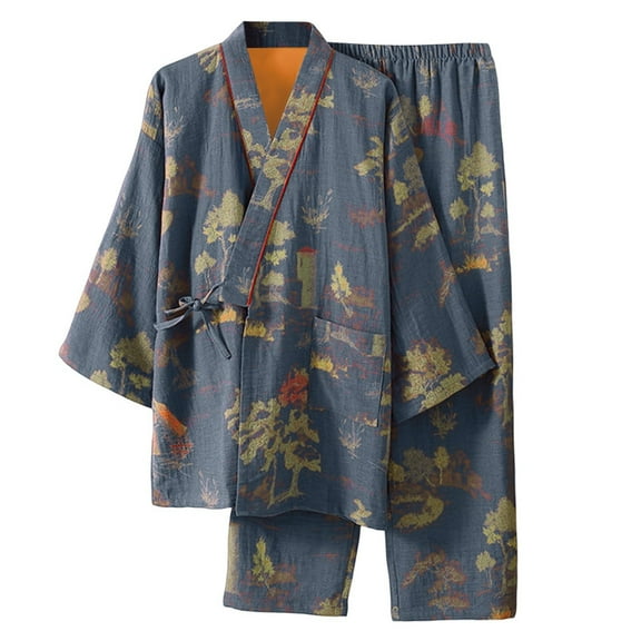 XIAONU Womens Pajama Set Landscape Print Kimono Robe Soft Breathable Loungewear Home Sleepwear