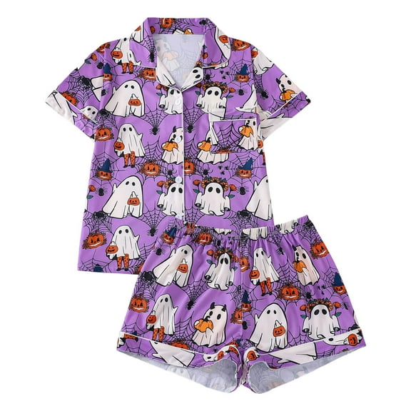 XIAONU Womens Pajama Set Satin Short Sleeve Button Down Top With Shorts Sleepwear Halloween Ghost Printed Pleasure Comfortable Loungewear Nightwear Outfit