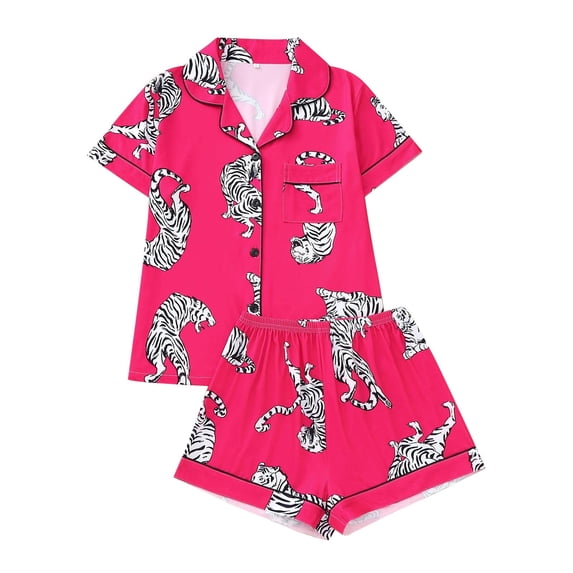 XIAONU Womens Pajama Set Short Sleeve Tiger Print Top And Shorts Vibrant Playful Loungewear Sleepwear