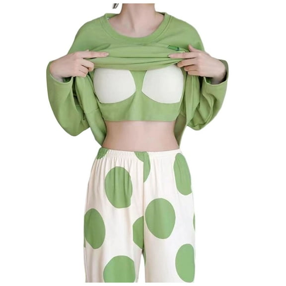 XIAONU Womens Pajama Sets Avocado Print Round Neck Top With Built-In Bra Long Sleeve And Pants Set Baggy Fitting Pullover Two Piece Homewear