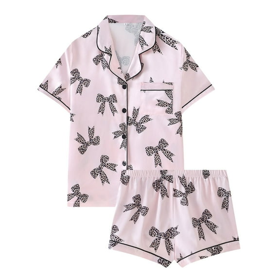 XIAONU Womens Pajama Sets Bow-Print Lapel Summer Pajamas Short-Sleeve Shorts Satin Comfortable Pleasure Homewear Set