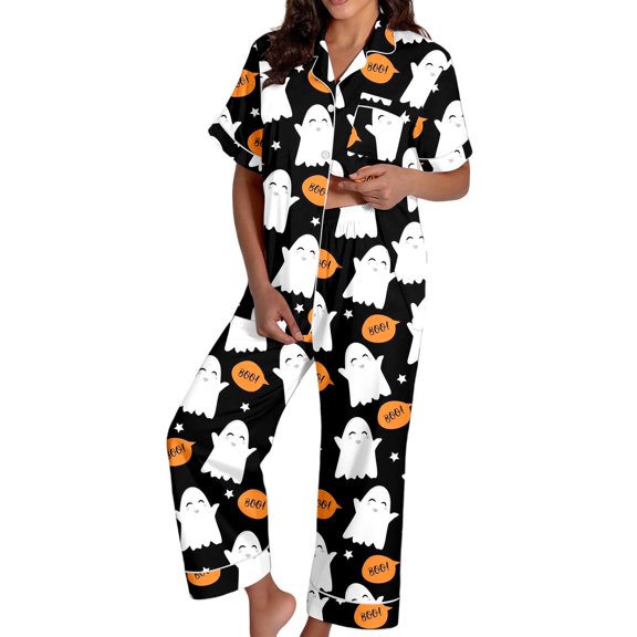 XIAONU Womens Pajama Sets Cute Ghost Letter Printed Button Down Sleepwear Pleasure Short Sleeves Pants Pajamas Set For Halloween