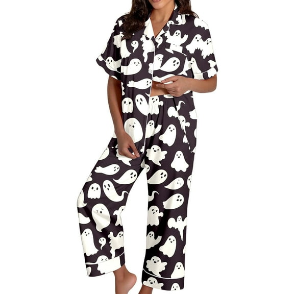 XIAONU Womens Pajama Sets Cute Ghost Printed Button Down Sleepwear Halloween Baggy Short Sleeves Pants Comfy Outfit Pajamas Set