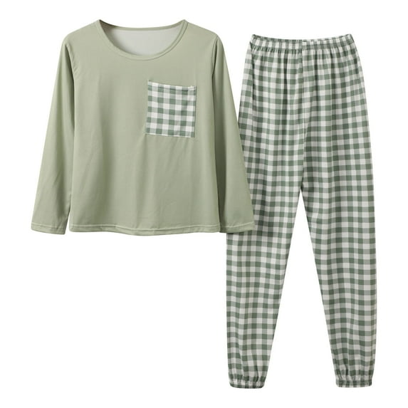 XIAONU Womens Pajama Sets Cute Plaid Splice Round Neck Top With Long Sleeve And Pants Set Baggy Fitting Pullover Two Piece Homewear