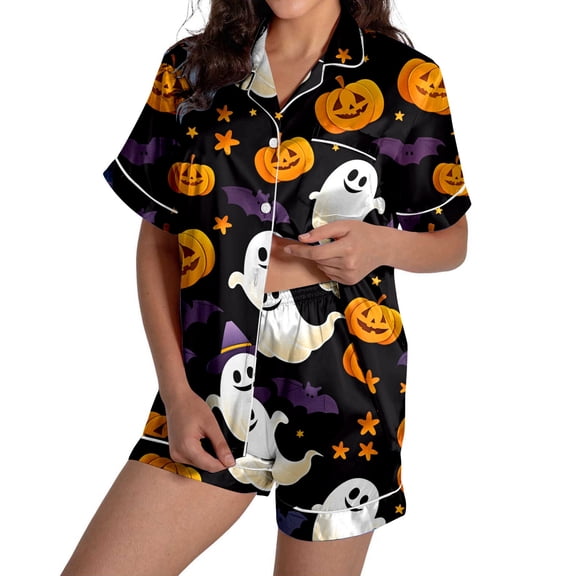 XIAONU Womens Pajama Sets Halloween Colorful Printed Silk Satin Pajama Short Sleeve Button Down Pleasure Pajama Set
