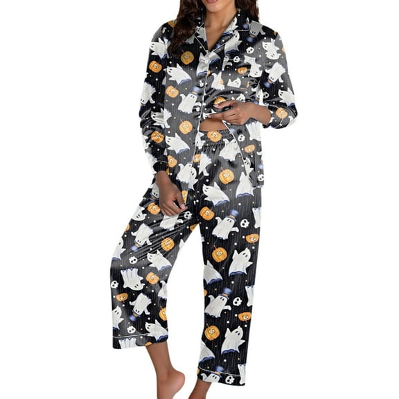 XIAONU Womens Pajama Sets Halloween Cute Ghost Printed Pleasure Sleepwear Button-Up Cardigan Long Sleeve Pants Set Cozy Comfortable Loungewear