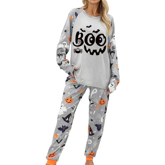 XIAONU Womens Pajama Sets Halloween Cute Spider Printed Pleasure Loungewear Set Baggy Long Pants And Long Sleeve Pullover Pajamas