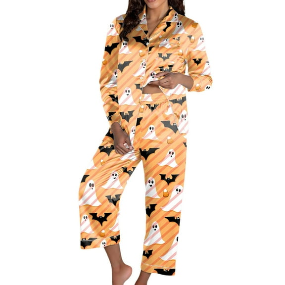 XIAONU Womens Pajama Sets Halloween Ghost Bat Printed Pleasure Sleepwear Button-Up Cardigan Long Sleeve Pants Set Cozy Comfortable Loungewear