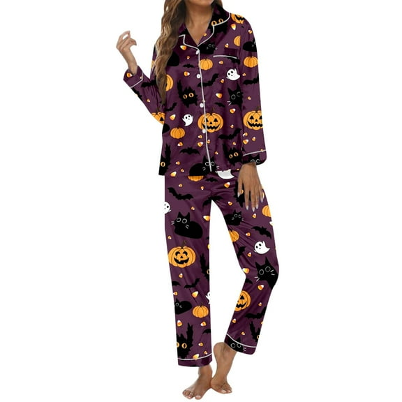 XIAONU Womens Pajama Sets Halloween Printed Button-Down Lapel Pleasure Pajama Baggy Long-Sleeve Long Pants Pajama Set