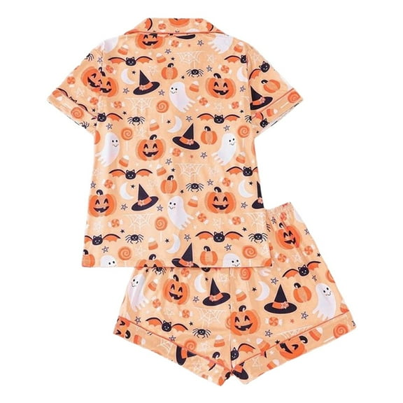 XIAONU Womens Pajama Sets Halloween Printed Lapel Pajama Short Sleeve Shorts Pants Leisure Comfortable Homewear Set