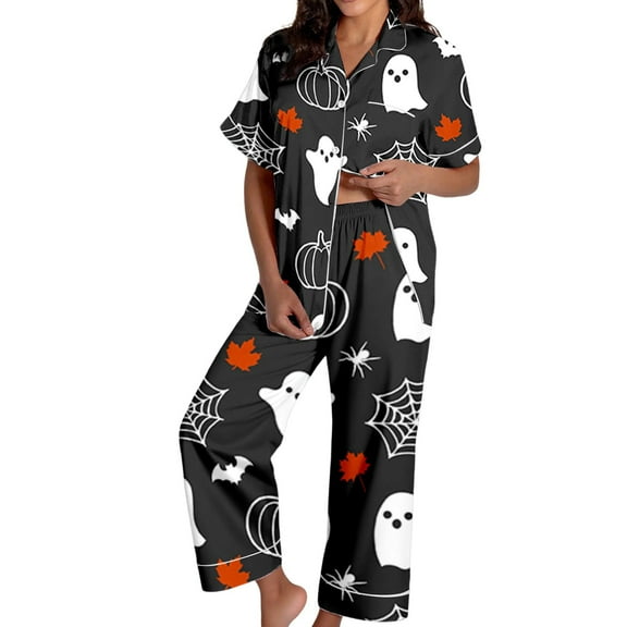 XIAONU Womens Pajama Sets Halloween Pumpkin Printed Short Sleeve Shirts And Long Pants Sleepwear Trendy Pajama Set Costume
