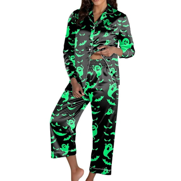 XIAONU Womens Pajama Sets Halloween Terrifying Ghost Printed Pleasure Sleepwear Button-Up Cardigan Long Sleeve Pants Set Cozy Comfortable Loungewear