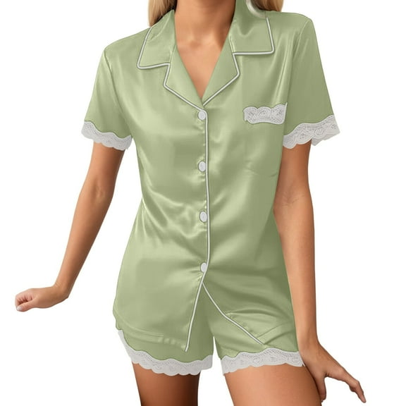 XIAONU Womens Pajama Sets Ice Silk Thin Summer Short Sleeved Homewear Set Solid Color Pleasure Shorts Oversize Pajama Set