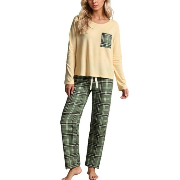 XIAONU Womens Pajama Sets Pleasure Comfortable Plaid Color Block Long Sleeve Elastic Drawstring High Waisted Long Pants With Pockets Homewear Pajamas