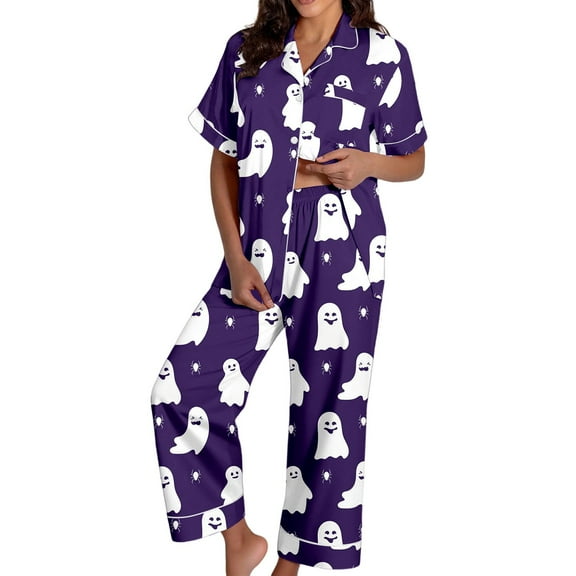 XIAONU Womens Pajama Sets Pleasure Ghost Printed Button Down Sleepwear Halloween Baggy Short Sleeves Pants Pajamas Set