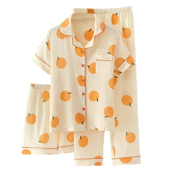 XIAONU Womens Pajama Sets Spring And Summer Lightweight Pure Cotton Gauze Pajama Three-Piece Set Short Sleeve Shorts Pants Homewear Suit